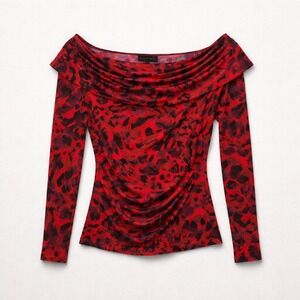 Halston Women Red Black Animal Print Cowl Neck Off Shoulder Long Sleeve Top L